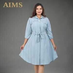 Women's Blue knee length dress Large Size,Collar Neck